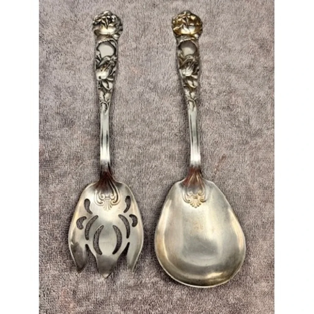 Vtg Italian Salad Serving Set Italy Silverplate Floral Serving Spoon Fork 9.5in